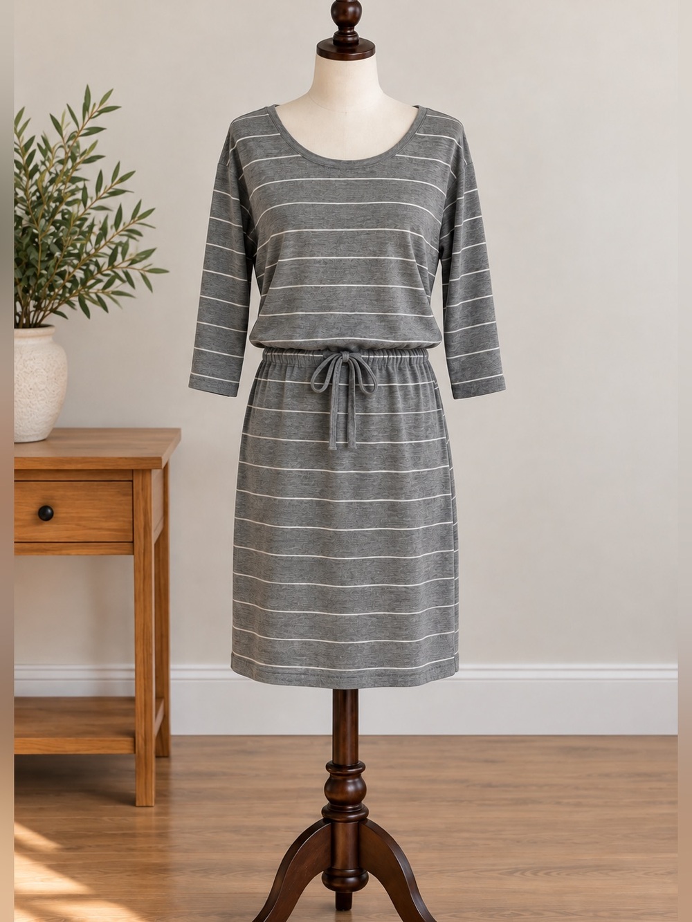 Striped Grey Drawstring Dress XS Scandinavian Minimalist Casual Fall 3/4 Sleeve
